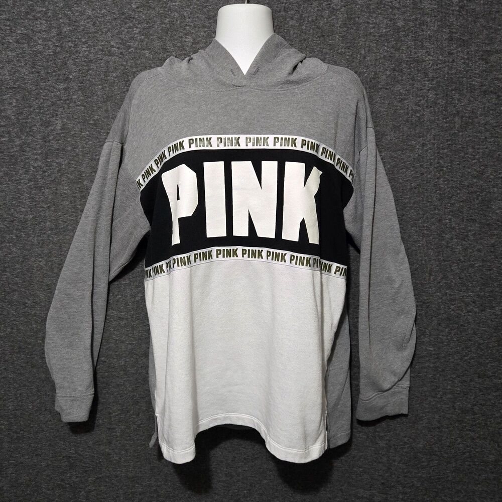 Victorias Secret PINK Hoodie Sweatshirt Womens Medium Gray Colorblock Spellout
